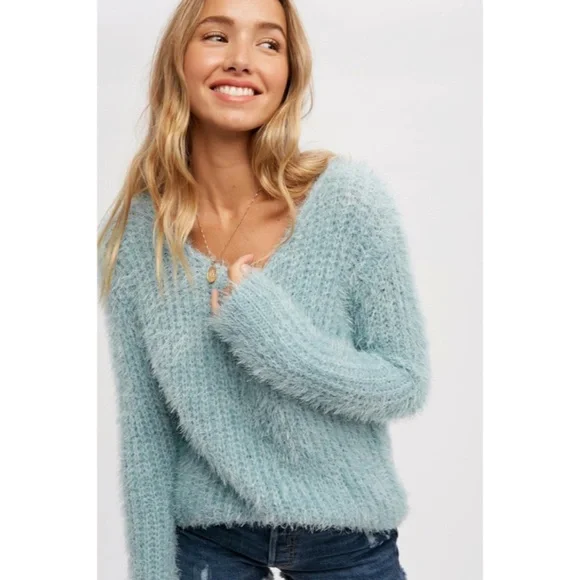 SOLD OUT Dark Mint Fuzzy Boucle Comfy Soft Pullover Knit Relaxed Fit Sweater - Picture 2 of 8